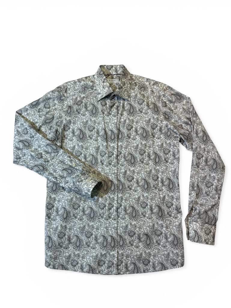 Eton Mens 15.5 39 Contemporary Fit White Black Paisley Dress Shirt Euc